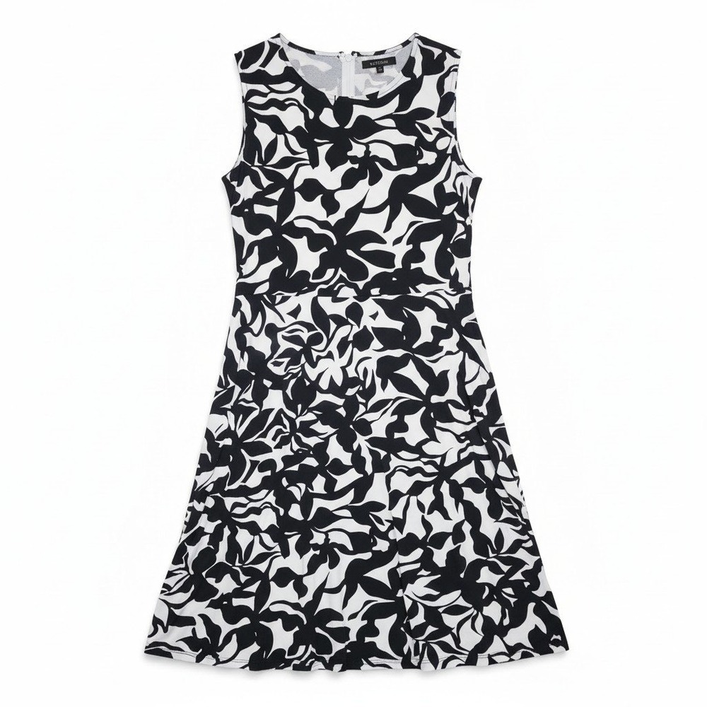 Susan Graver Dress 1X Black White Liquid Knit Abstract Floral Sleeveless V-Neck